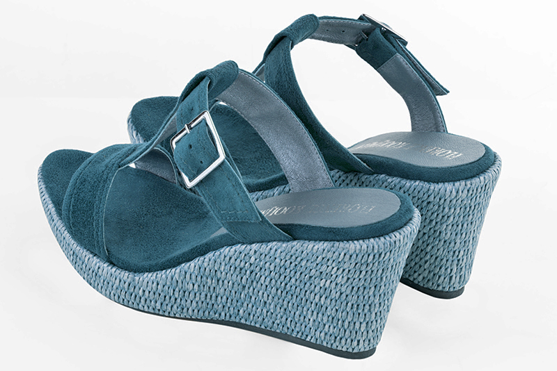 Peacock blue women's fully open mule sandals.. Rear view - Florence KOOIJMAN